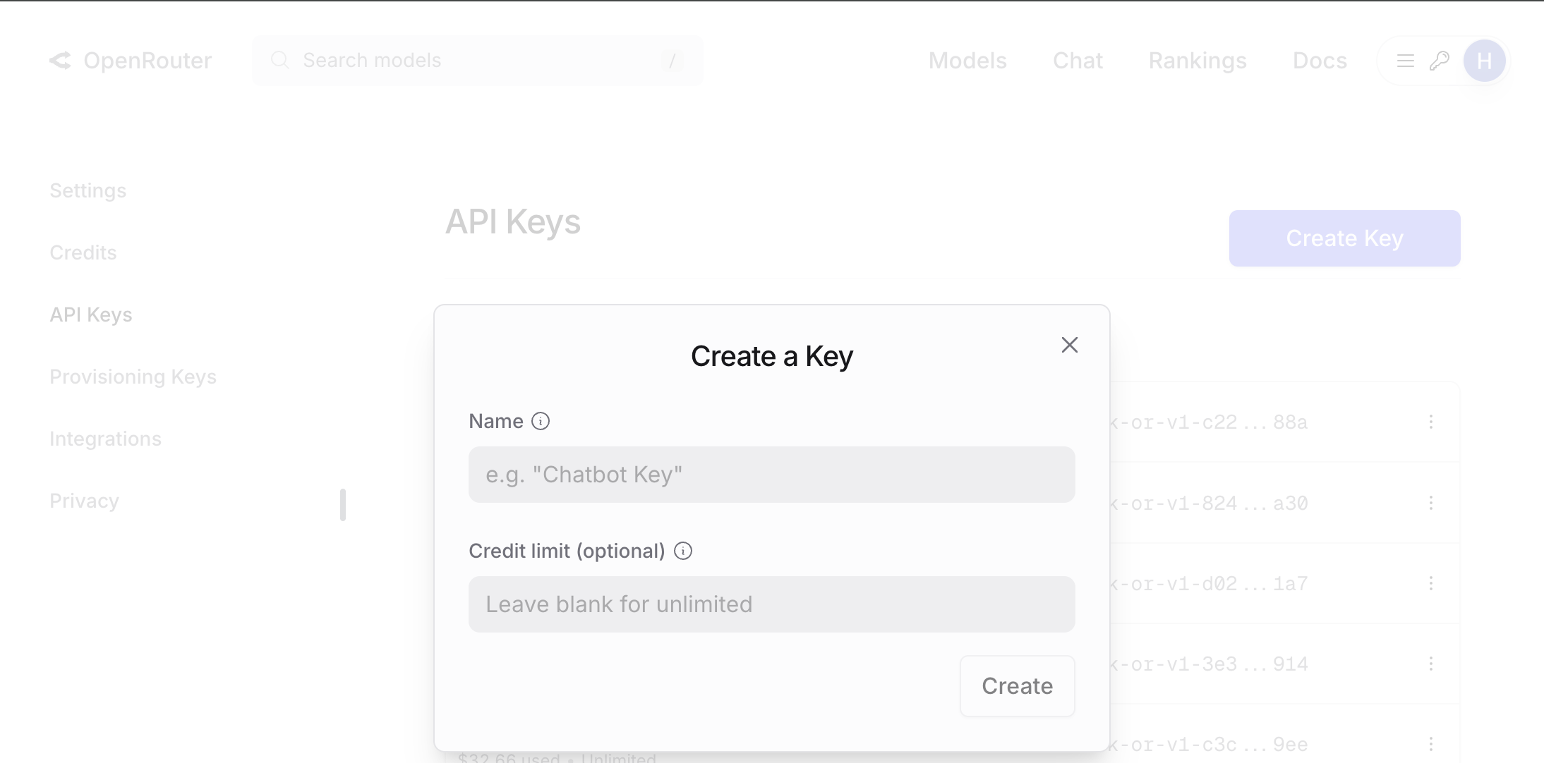OpenRouter API密钥页面